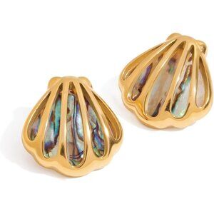 🆕Women Gold Large Hollow Seashell Statement Abalone Shell Earrings Jewelry